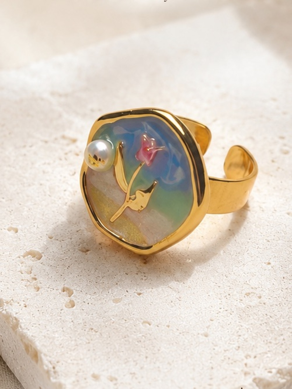 Gold Pearl Accent Floral Ring - gold